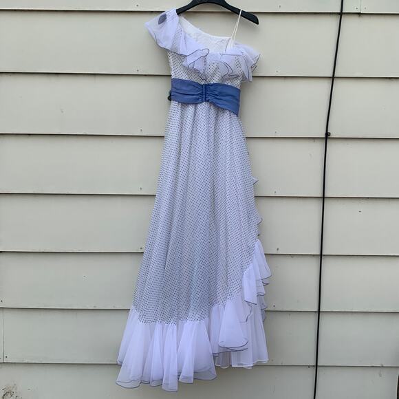 Vintage 70s Blue White Swiss Dot Ruffle One Shoulder Prom Dress Southern Belle - Picture 2 of 7